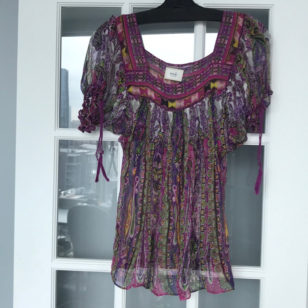 Eci Multi Colored Pattern Sheer Peasant Top - image 1